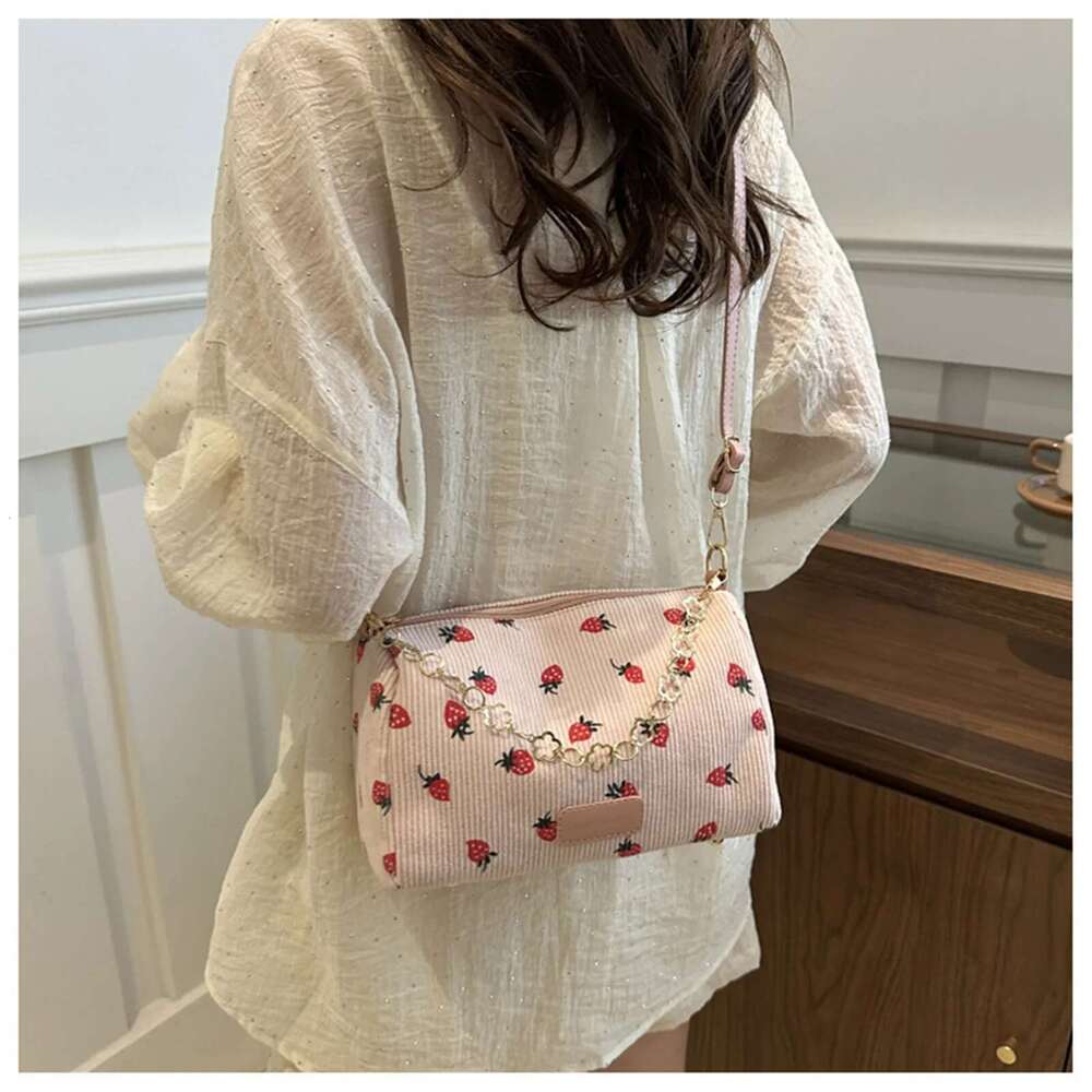 Mini Strawberry Printed Crossbody Bags Corduroy Fashion Underarm Handbags Female Student Large Capacity Travel Shoulder Bag