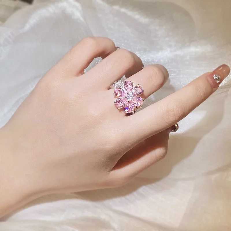 Exquisite Colorful Zircon 925 Silver Ring Women for Ring Fashion Pink Flowers Womens Engagement Ring Party Jewelry PeachXJ250514
