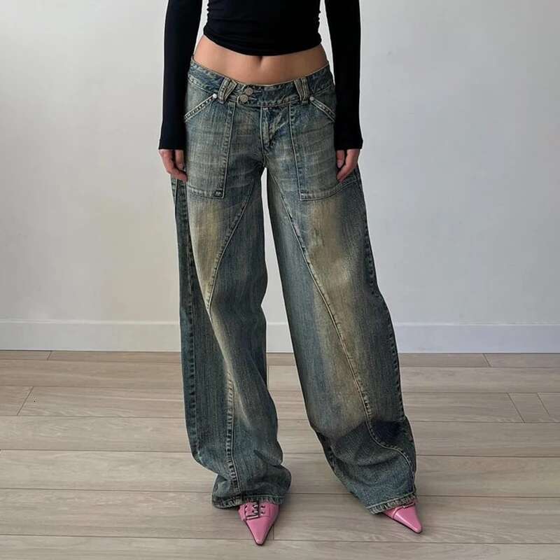 Vintage Washed Loose Fit Jeans Casual Denim Pants For Women Streetwear Pockets Straight Trousers Summer Bottom Clothing