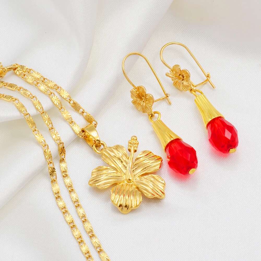 Anniyo Hawaiian Hibiscus Flower Sets Colorful Beads Pendant Necklaces Earrings Accessories Guam Micronesia Jewelry #259706