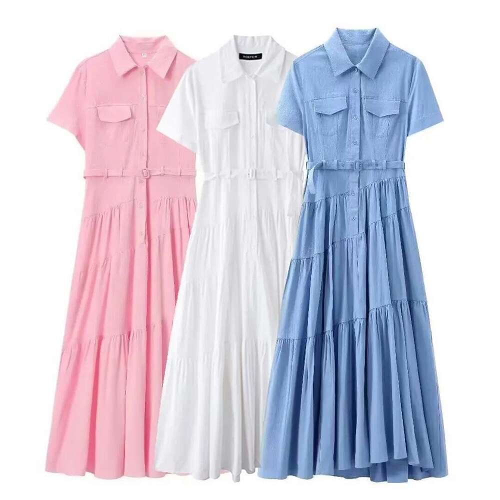 Summer New Women's Lapel Short Sleeve With Belt Long Poplin Petticoat Style Maze Dress