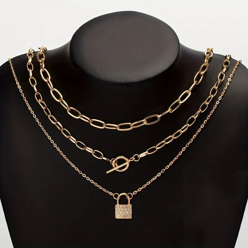Personalized jewelry with studded lock shaped pendant, multi-layer necklace, women's chain, collarbone chain item