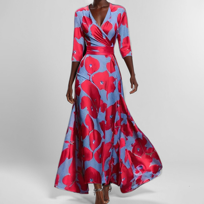 Women Dresses 2025 New Fashionable And Elegant Temperament V-neck Printed Lace Up Big Skirt Dress