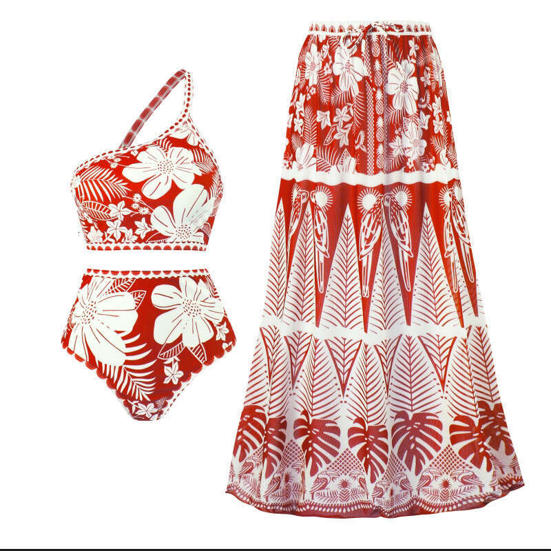 New French retro split three piece bikini swimsuit, women's European American sexy one shoulder mesh skirt swimsuit set, 2025 new style, chic and