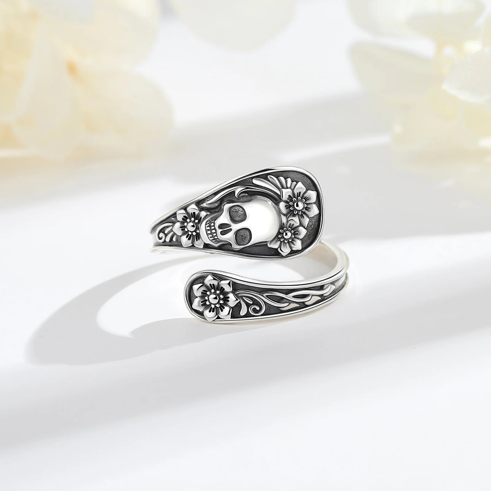 Eudora 925 Sterling Silver Gothic Skull Spoon Adjustable Ring Rose Flower Skeleton Ring Personality Jewelry Gift for Women Man 250509