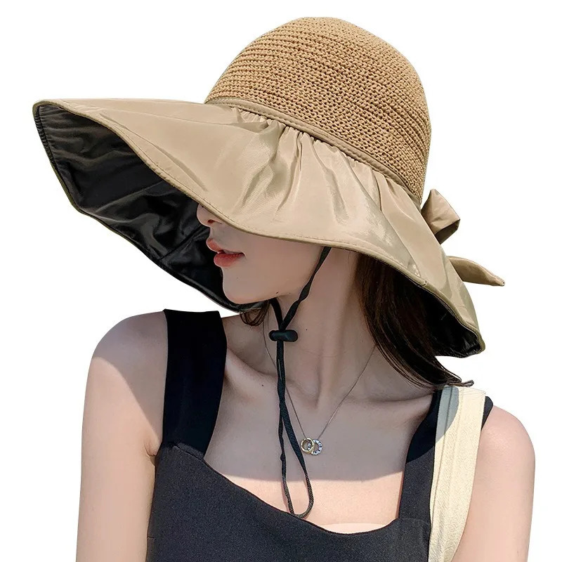 Summer Sun hat womens straw woven anti ultraviolet 2025 with big brim seaside black glue breathable Bucket hat umbrella hat 250514