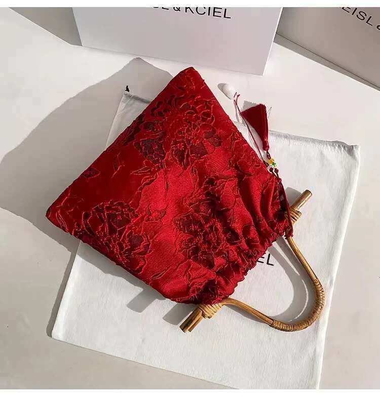 Bamboo Handheld Fashion Women Handbag Cotton Fabric Embroidery Handmade Bucket Large Capacity Tote Female Shoulder Bag