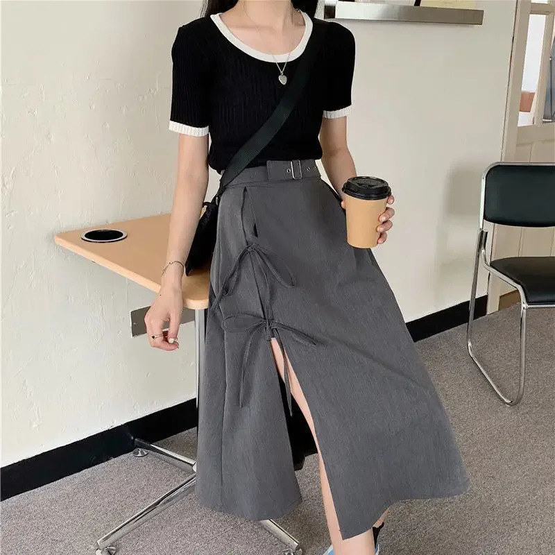 Vintage Dark Gothic High Split MidCalf Skirts Women Elegant Fashion Party Club Waist Femme Bottom Streetwear Goth Skirt 250514