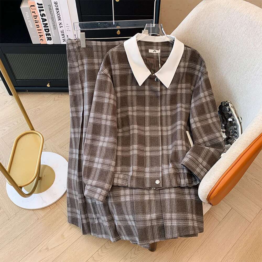 Autumn and Winter Plus Size Women's Tweed Plaid Suit Lapel Loose Jacket A-line High Waisted Skirt Casual Commuter