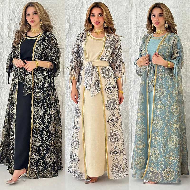 Ramadan Eid Djellaba Kimono Jalabiya Muslim Sets for Women Dubai Abaya Turkey Kaftan Robe Caftan Marocain Femme Islam Clothing X250514