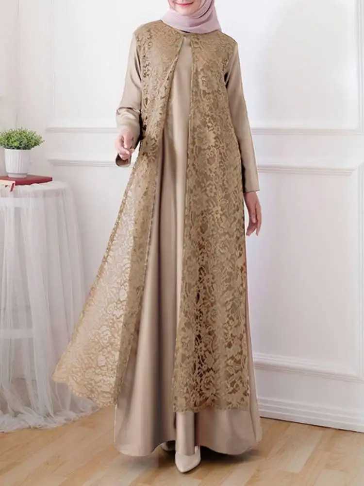ZANZEA Women Elegant Lace Overlay Satin Dress Muslim Fashion Islamia Hijab O Neck Long Slve Abaya Robe Luxurious Long Vestidos X250514