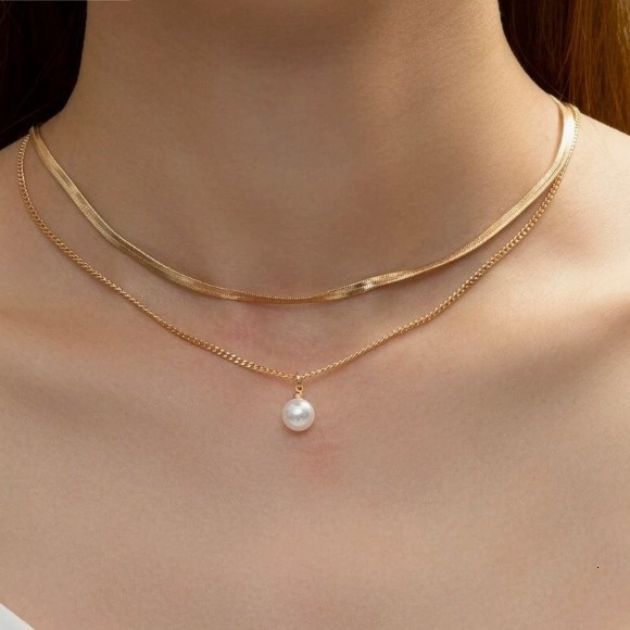 Personalized flat snake chain double pendant necklace, light layered pearl necklace for women