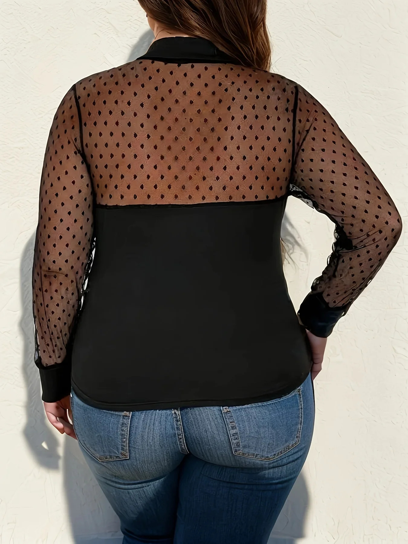 Plus Size Swiss Dot Mesh Stitching Blouse Elegant Collared Long Sleeve Top For Spring Fall Womens Clothing 250514
