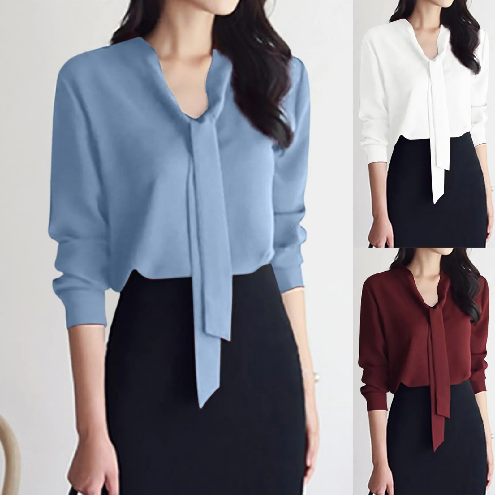 Female Elegant Shirt Womens Solid Color Long Sleeve Business Bow Ribbon Blouse Women Slimming Senior Sense Tunic Tops for Work 250513