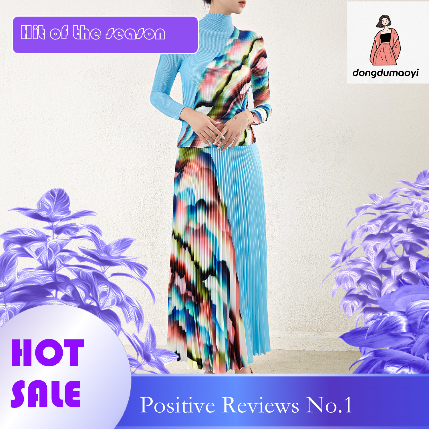 dongdumaoyi European fashion high-end printed set, new pleated elastic T-shirt, Tongle half body skirt, three bedroom two-piece set