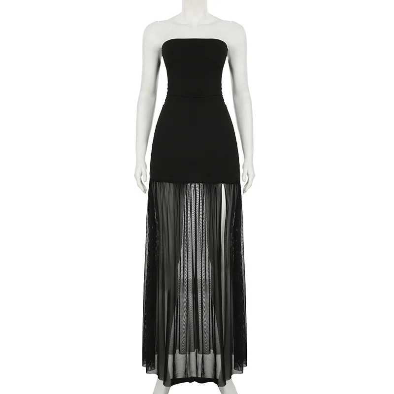 Tornova Sexy Strapless Split Long Dress For Women Mesh Splice Retro Elegant Party Dress Sleeveless Summer Vacation Dress FemaleXJ250514