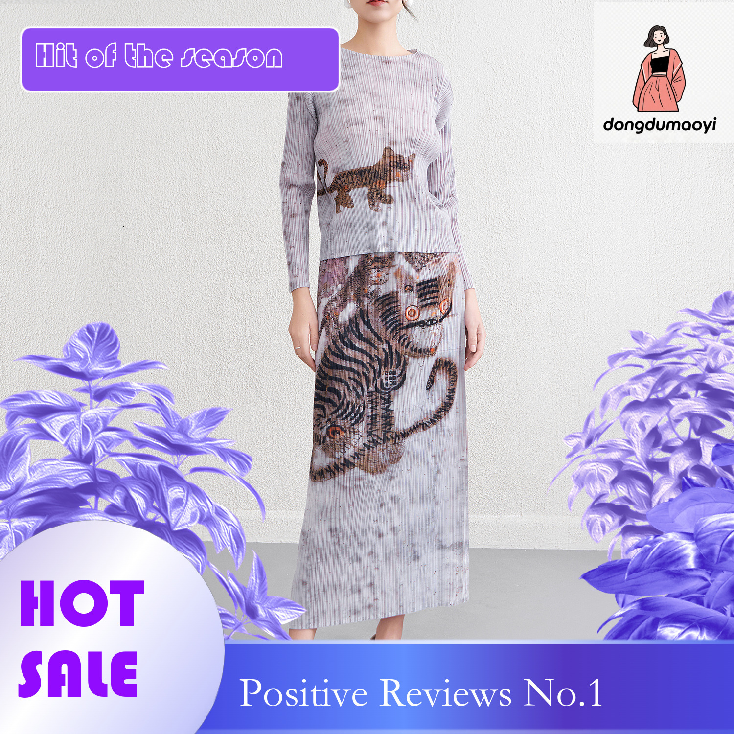 dongdumaoyi 2025 New Style Folded print slim fit and slimming round neck base shirt top printed skirt set