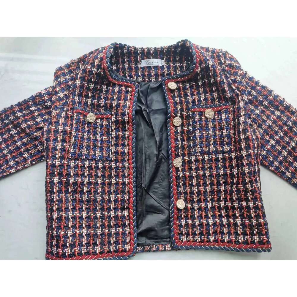 Women's Elegant Open Front Round Neck Fringed Tweed Jacket Coat New Fashion Plaid Short Tops Outerwear
