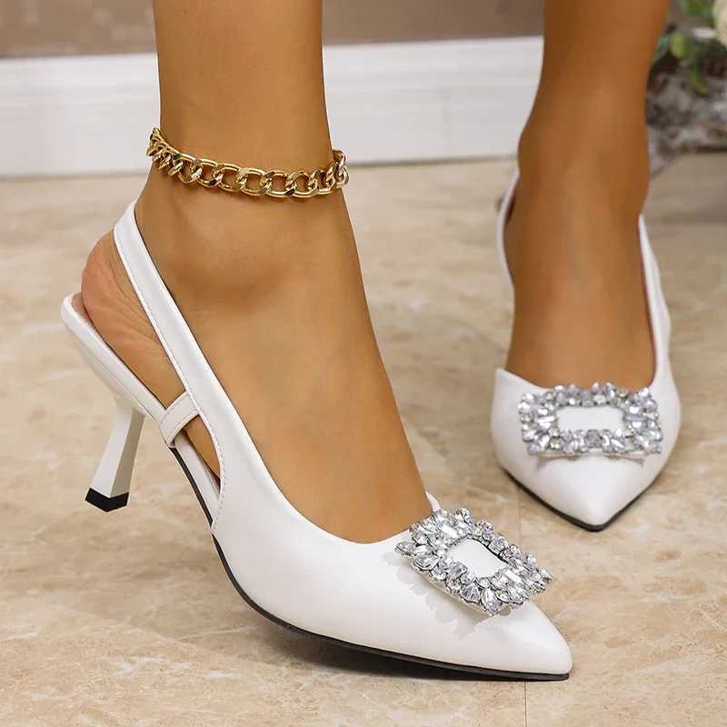 Crystal Square Buckle High Heels Sandals Women Spring Summer Slip On Pointed Toe Pumps Woman Thin Heel Party Wedding Shoes Woman W250514