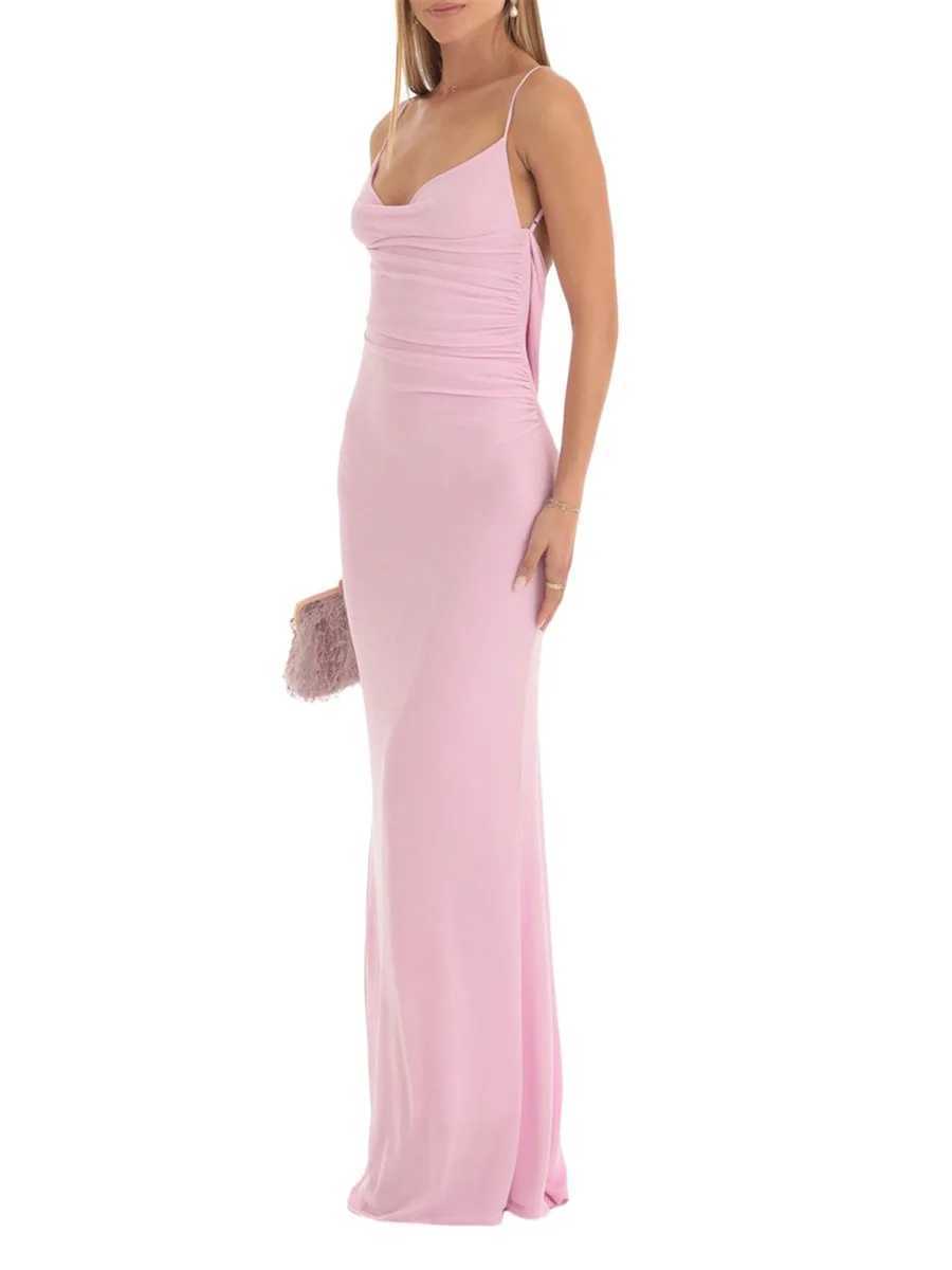 Womens Solid Color Long Bodycon Sling Dress Cowl Neck Sleeveless Summer Party Club Backless Cocktail DressXJ250514