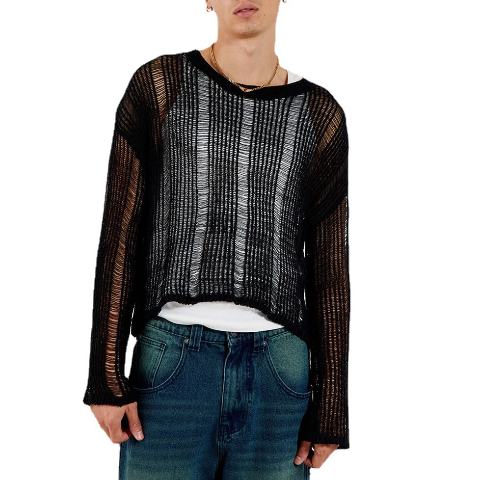 Men's T Shirts Elastic hollow slightly transparent sweater for men, long sleeved loose and versatile knitted sweater