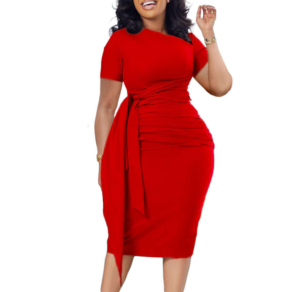Women's Wear Women's Wear Women's Summer New Short Sleeve Fashion Pleated Elegant Strap Oblique Neck Dress