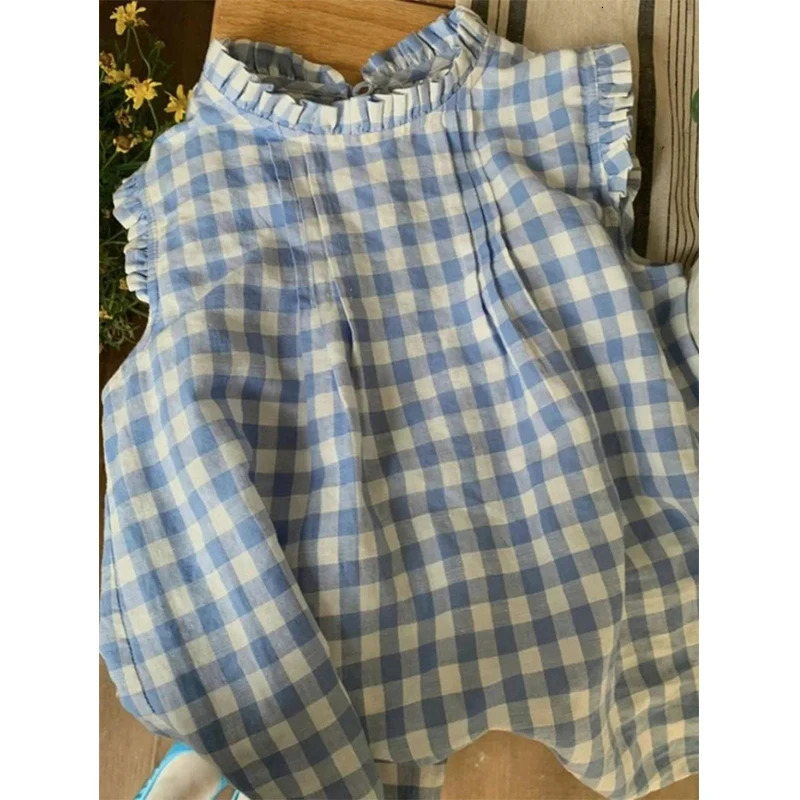 MEXZT Kawaii Plaid Shirts Women Japanese Preppy Cute Ruffles Patchwork Blouses Summer Korean Fashion Flying Sleeve Casual Tops 250514