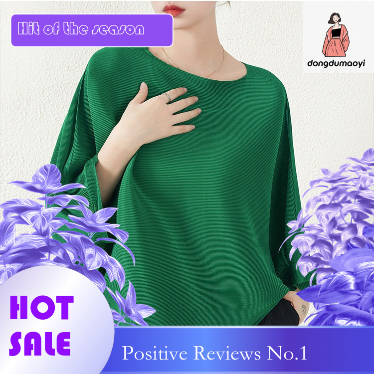 dongdumaoyi Miyake plus bat top for women, new round neck loose design, pleated nine quarter sleeve T-shirt