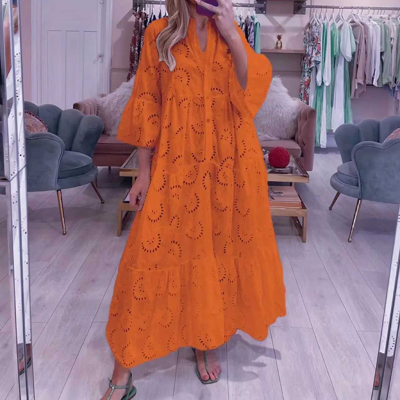 Dresses for Dresses Spring Summer Shirt Dress 2024 White Dresses V-Neck Flared Sleeves Lace Hollow Solid Color Sexy Long DressesXJ250514