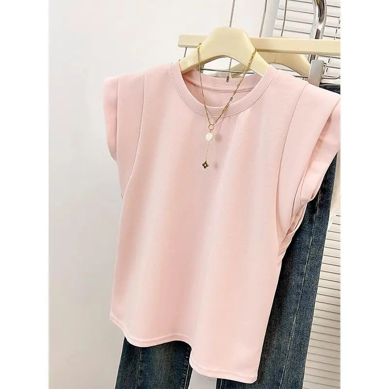 Pink Fly Sleeve Short Tshirt for Women in Summer Slim Vest Top 250514
