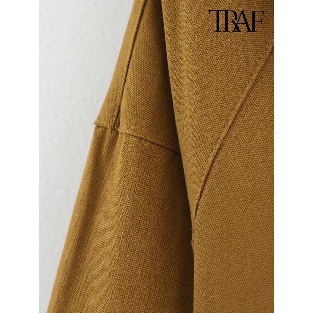 TRAF Women's Fashion Retro Clashing Lapel Patchwork Autumn Winter Street Casual Loose Long Sleeve Pocket Jacket