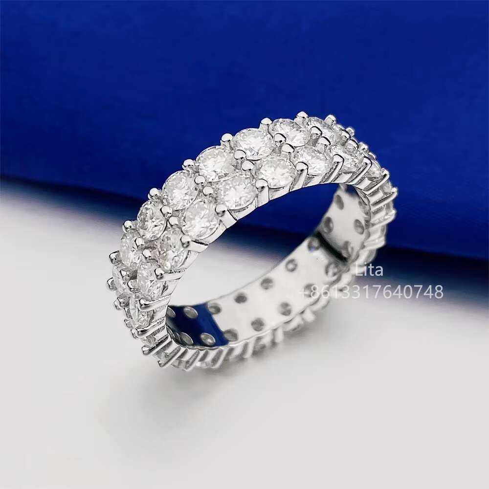 14k Gold Plated Brilliant Sparkle Moissanite Round Shape 3mm Two Rows Tennis Silver GRA Certified Moissanite Ring Men