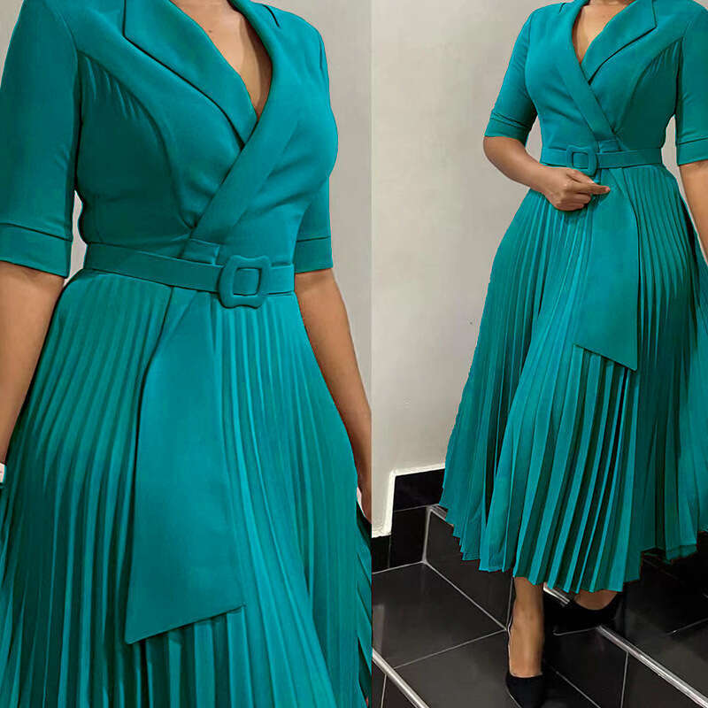 Women's Wear Women's Clothing Autumn And Winter New OL Fashion Suit Collar Pleated Waist Cinched Plus Size Dress