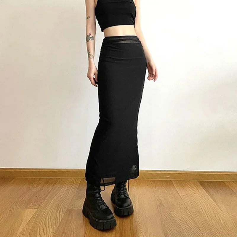 Y2K Black Long Skirts Women Harajuku Sexy Mesh Patchwork Wrap Skirt Summer Gothic Korean High Waist Slim A Line Foldas 250514