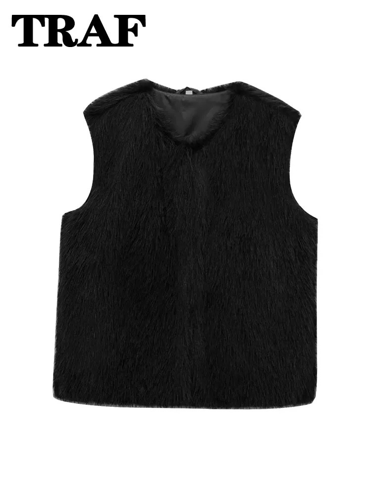 TRAF faux fur cut womens vest loose and comfortable sleeveless jacket soft textured top of the line streetwear for women 250506