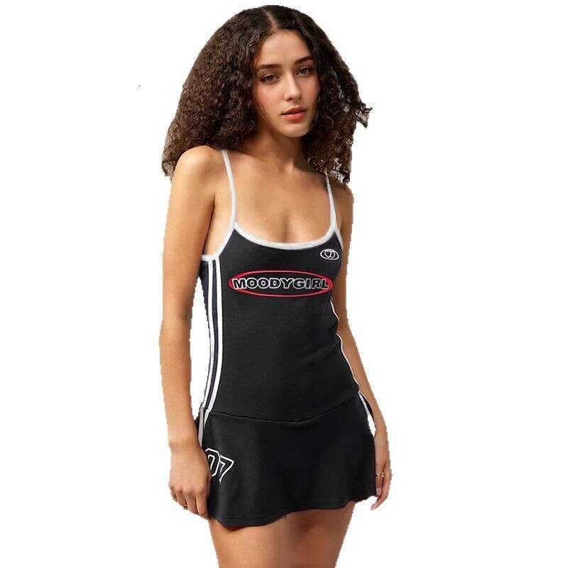American Style Sports And Leisure Camisole Dress, Summer , Digital Striped Woven Belt Contrasting Color Spicy Girl Waist A-Line Dress B5