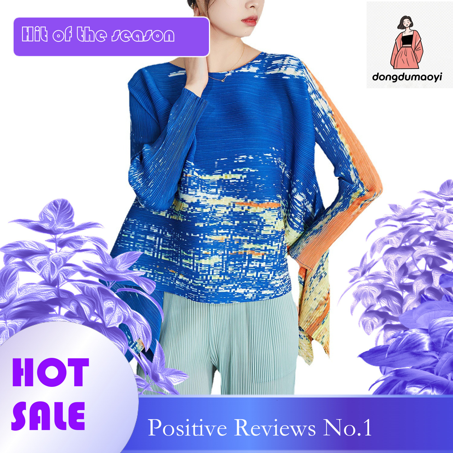 dongdumaoyi Wrinkled top spring new Miyake round neck printed T-shirt loose and slimming, covering the belly women's fashion style