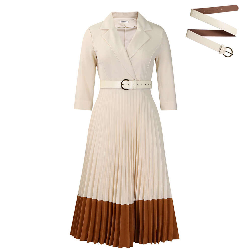 Women's Wear Women's Wear Women's Spring Suit Collar Fashionable Color Blocking OL Elegant Pleated High Waisted Dress