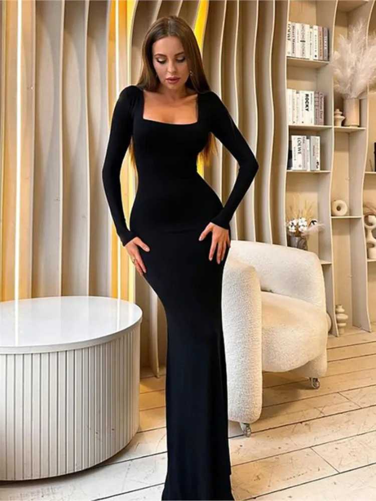 Sexy Bodycon Party Solid Color Long Dress For Women Long Sleeve Bandage Slim Dresses 2023 Autumn New Fashion Dresses Black RobeXJ250514