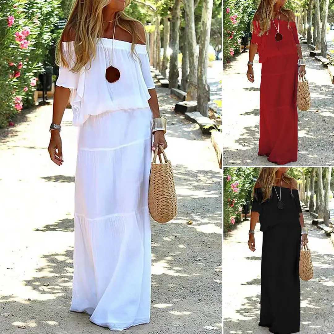 Vintage Casual Evening Dress Short Sleeve Slash-neck Floor-length Long Dress Simple Dress for Woman Slim Party DressesXJ250514