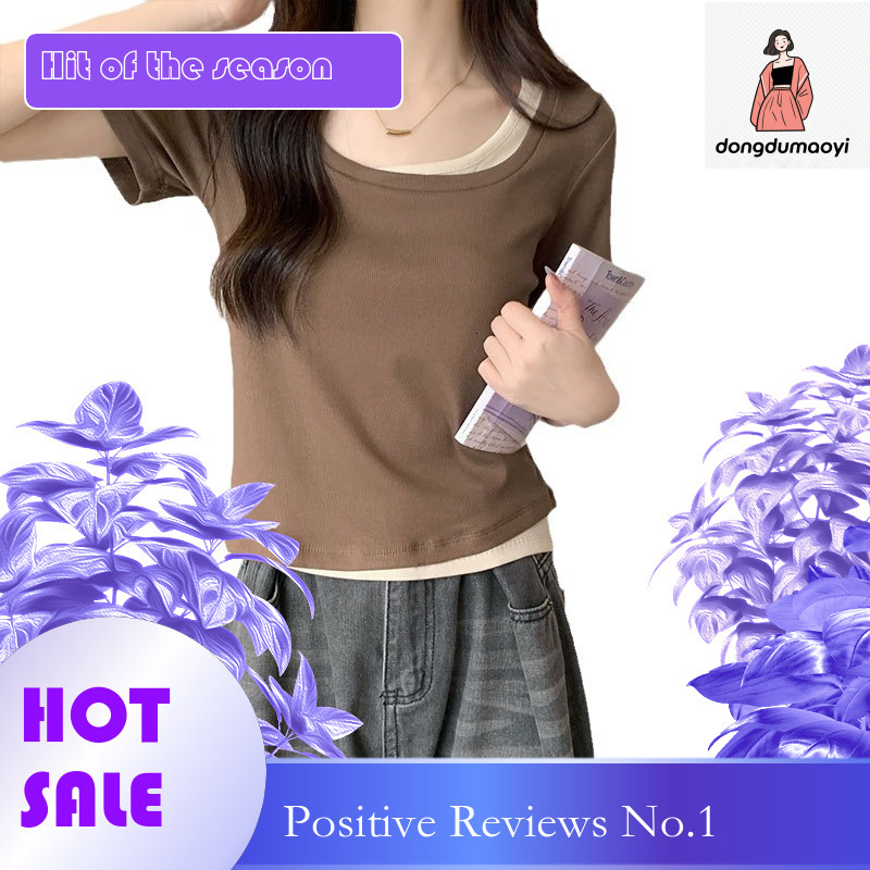 dongdumaoyi Short square neck slimming T-shirt for women's short sleeved 2025 summer new item, fake two-piece spliced front shoulder pure desire 