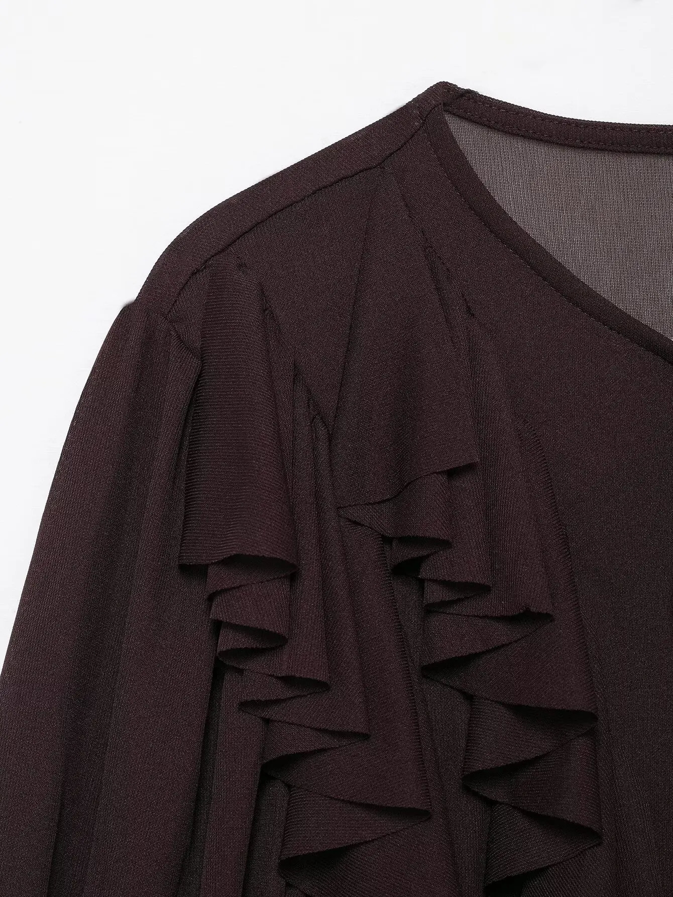 Zevity Women Summer Cascading Ruffles Solid Loose Mesh Mini Dress Female Chic Long Sleeve Lace Up Casual Vestidos DS9063 250514