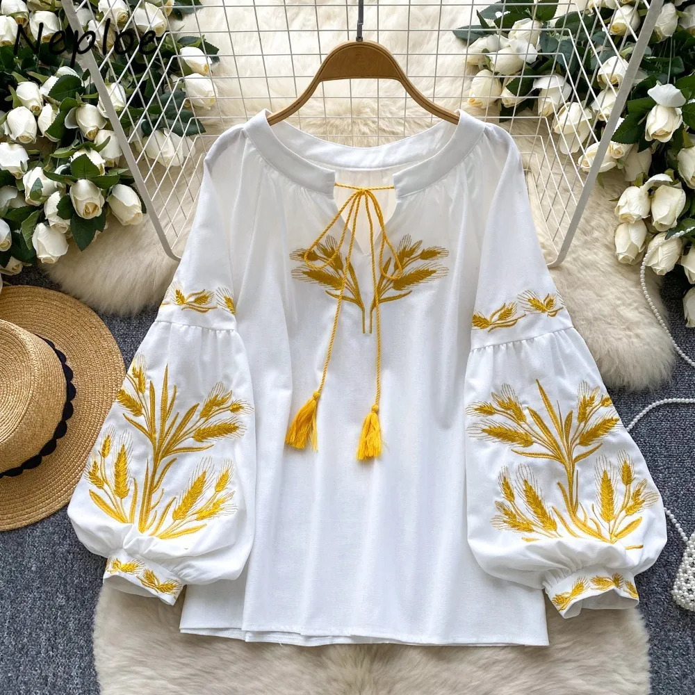 Neploe Vintage Heavy Ethnic Style Panelled Shirt Lace Up O Neck Embroidery Lantern Blouses Western Loose Casual All-match Blusas 250513