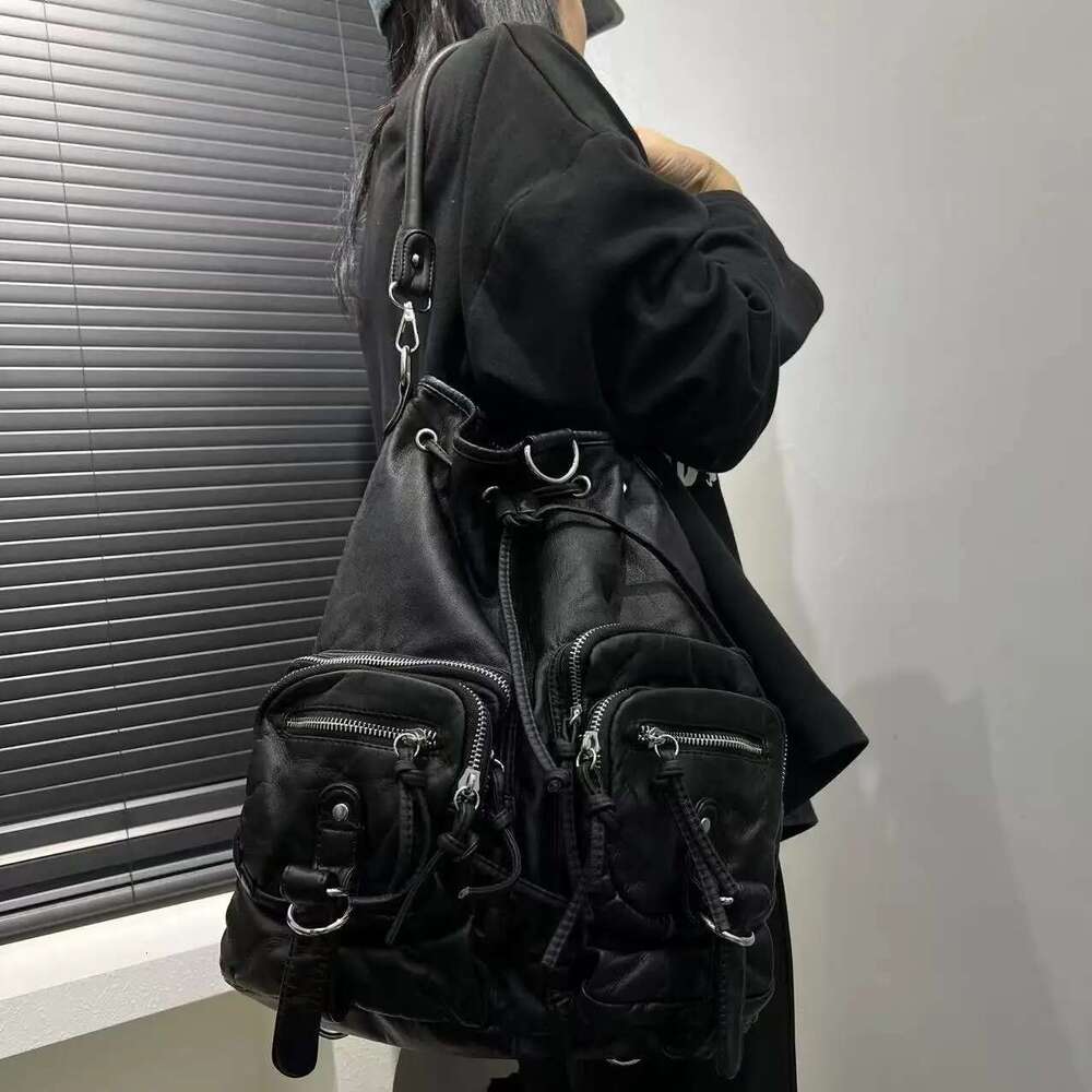 Ladies' Fashion Y2K Street Spicy Girl Backpack Large Capacity Aging Multi functional Pure Leather Retro Shoulder Bag