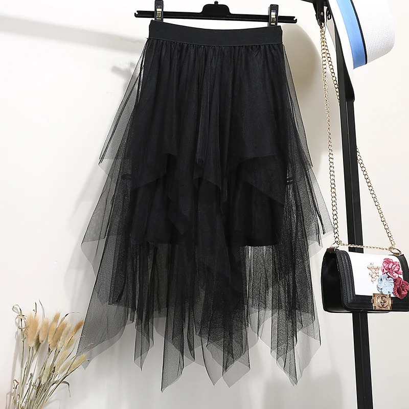 Womens Half Length Skirt Irregular Mesh High Waisted Versatile Slimming Aline Fluffy Gauze Medium 250514