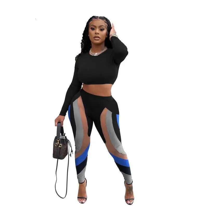 Getspring Women Leggings 2024 Autumn O Neck Full Sleeve Short Slim Top High Waist Patchwork Tight Long Pants Two Pieces Sets