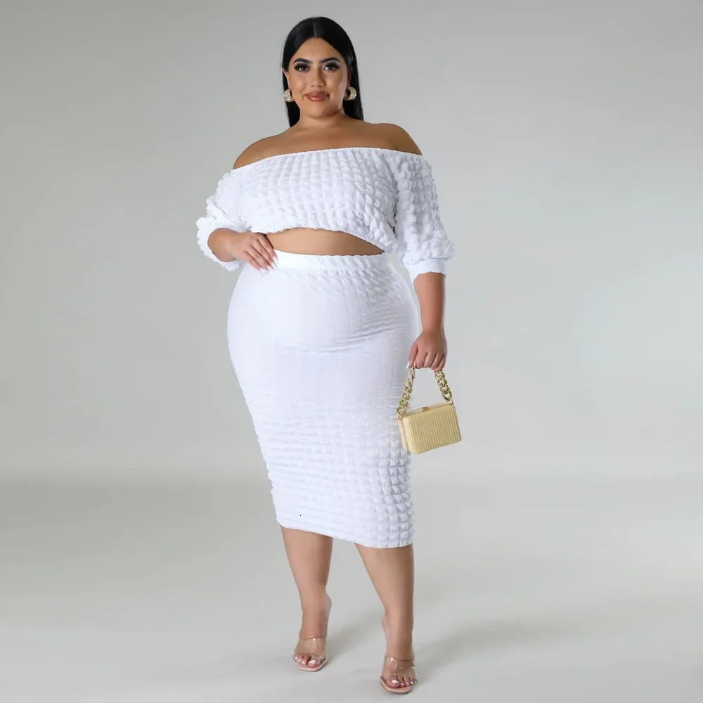 Plus Size 2023 European Womens Cross border Autumn Collection Solid Color Bubble 2piece Set 250506