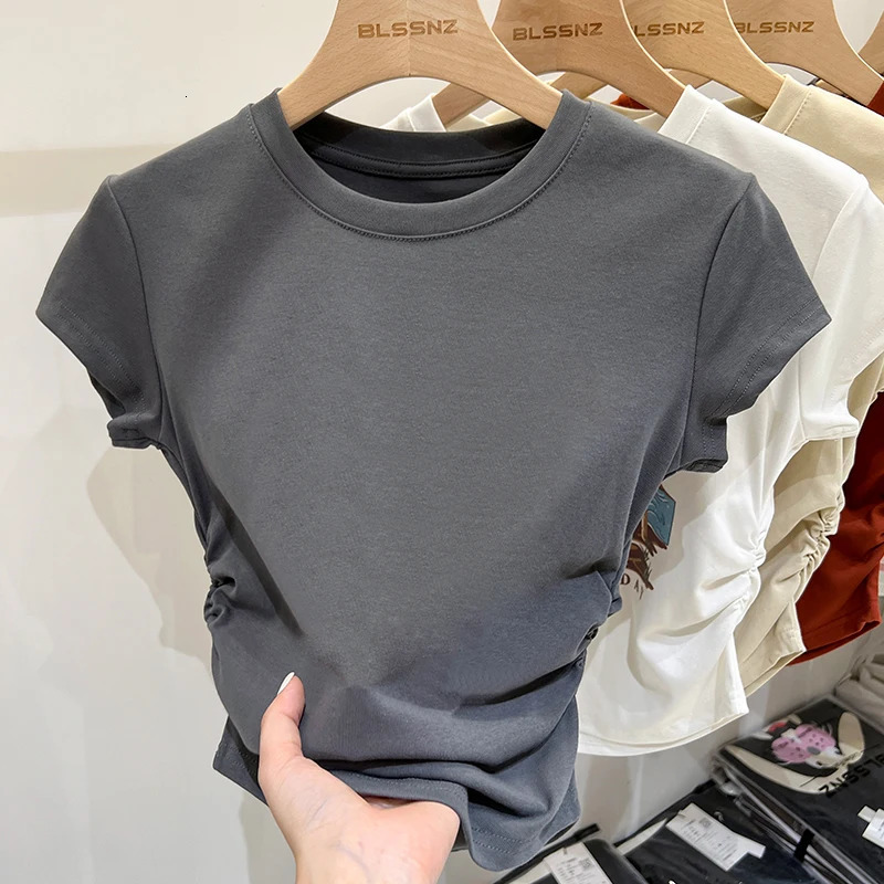 AOSSVIAO Harajuku Women Crew Neck Short Sleeve Cotton Slim Fashion Tee with Ruched Sides Detail Tshirts 250514