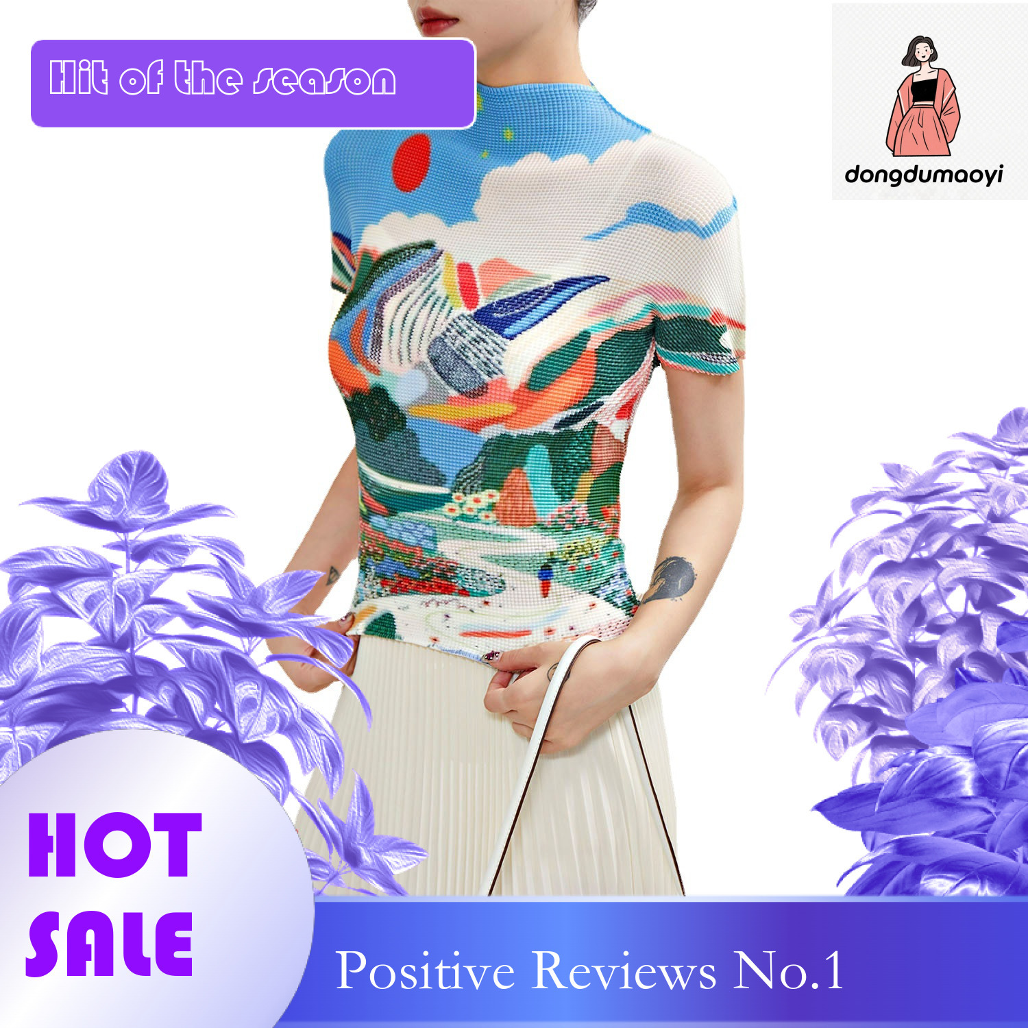 dongdumaoyi Miyake high neck for women, with a niche design elegant printed temperament. Short sleeved T-shirt versatile and slimming pleated top