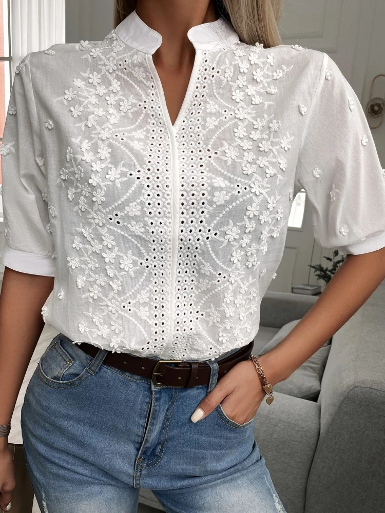 Spring y Women Blouse Fashion Summer Vneck Lantern Sleeve White Shirt Woman Vintage Cotton Hollowout Tops 24350 250514